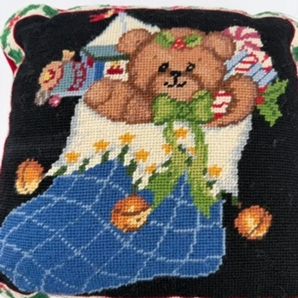 Vintage Needlepoint‎ Christmas Pillow Teddy Bear in Stocking Holiday Decor